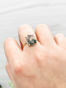 Moss Agate Large Hexagon Ring