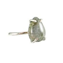 Load image into Gallery viewer, side view of a 10x14mm labradorite pear with four prongs and set in sterling silver