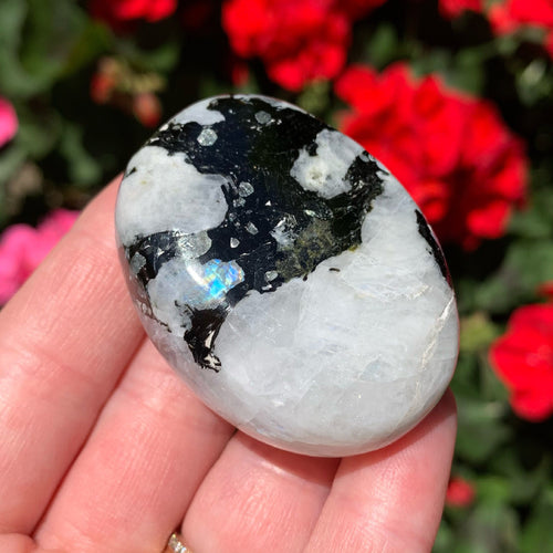 moonstone with black tourmaline palm stones
